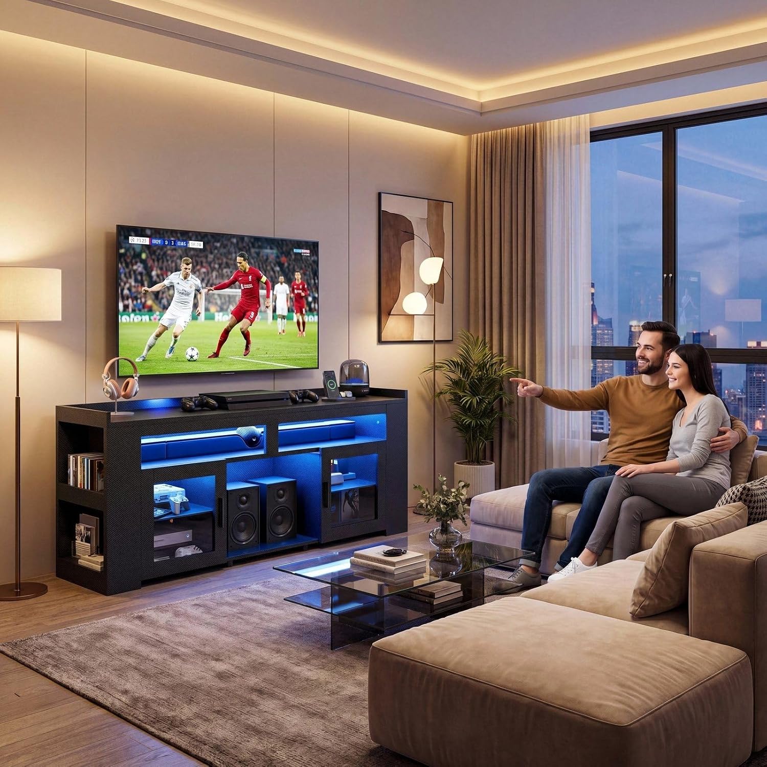 충전 스테이션 및 LED 조명이 있는 TV 스탠드, 유 - Gaming Console Room 리뷰 및 가격