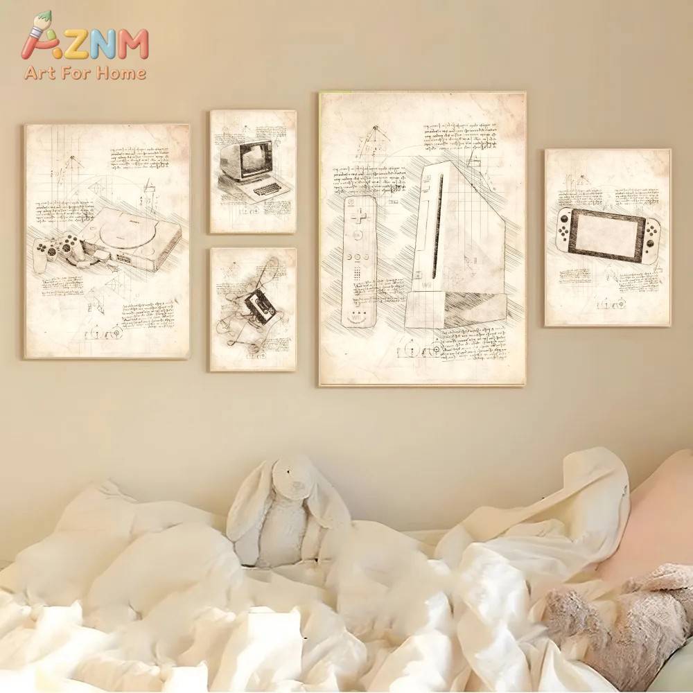 AZNM 빈티지 게임 콘솔 스케치 캔버스 벽 아트 프린 - Gaming Console Room 리뷰 및 가격