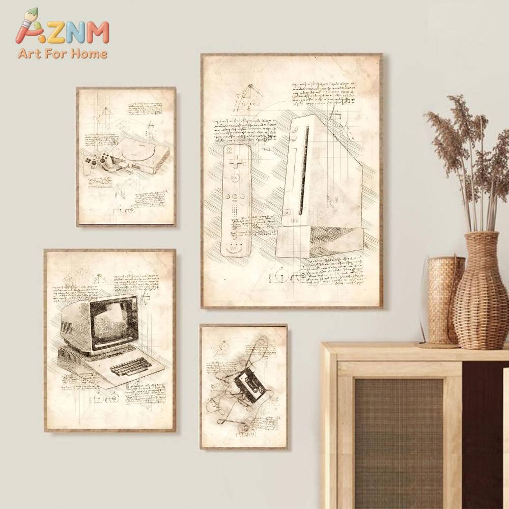 AZNM 빈티지 게임 콘솔 스케치 캔버스 벽 아트 프린 - Gaming Console Room 리뷰 및 가격