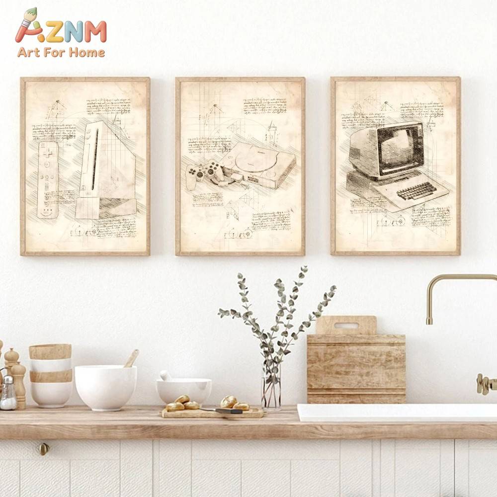 AZNM 빈티지 게임 콘솔 스케치 캔버스 벽 아트 프린 - Gaming Console Room 리뷰 및 가격
