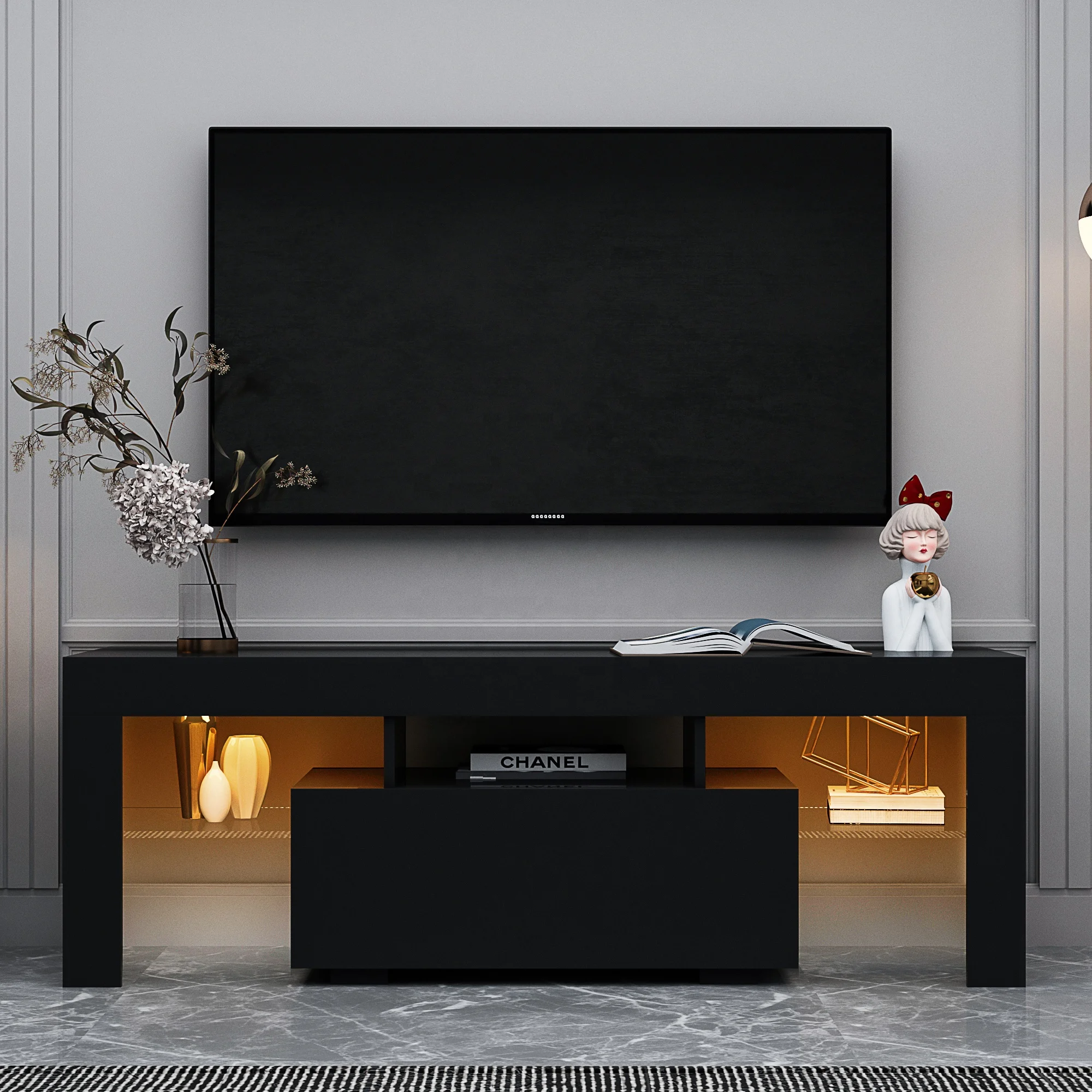 # LED RGB 조명이 포함된 검정색 TV 스탠드,  - Gaming Console Room 리뷰 및 가격